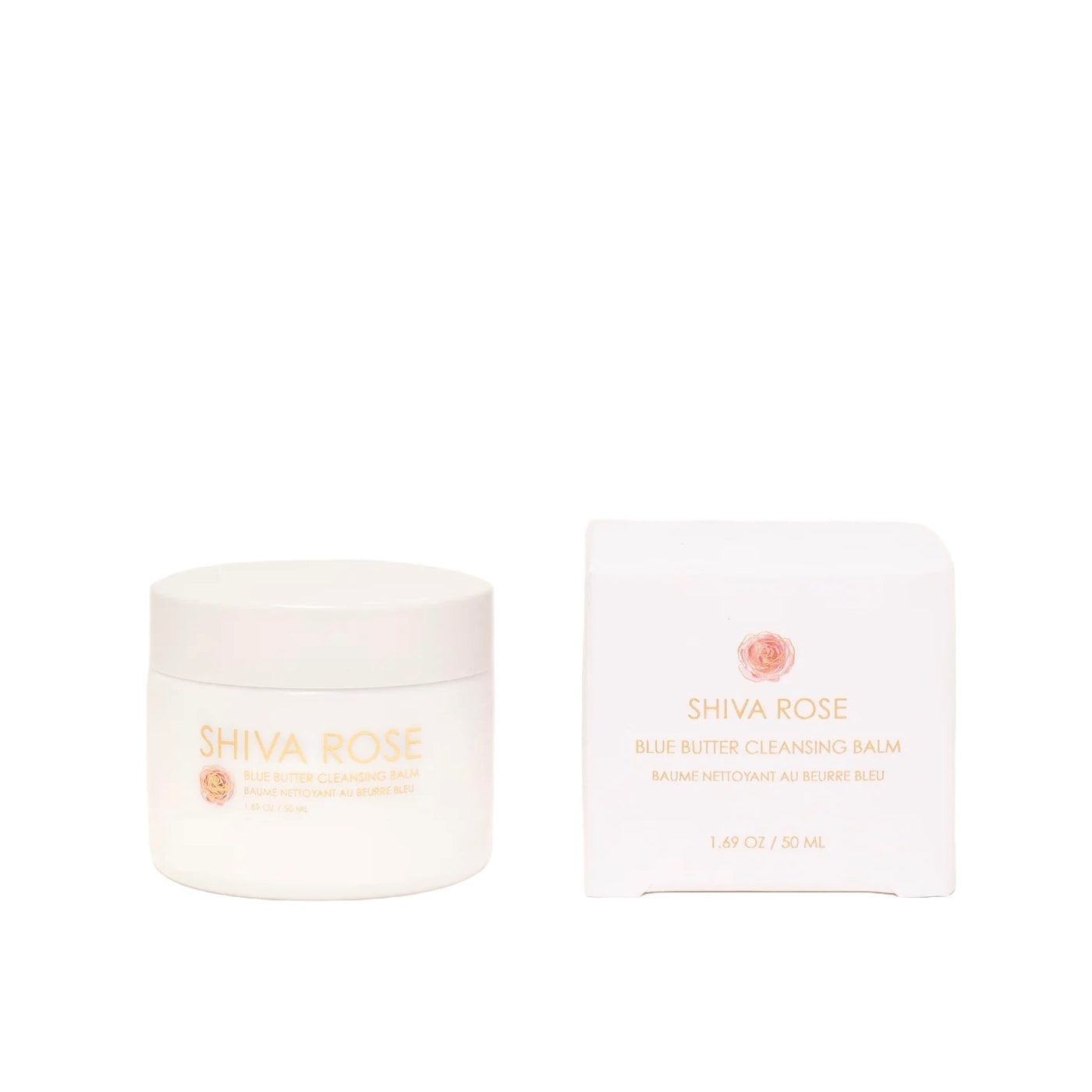 Jar of Shiva Rose Blue Butter Cleansing Balm with a rich, blue balm texture, formulated with sandalwood nut, argan, and jojoba oils.