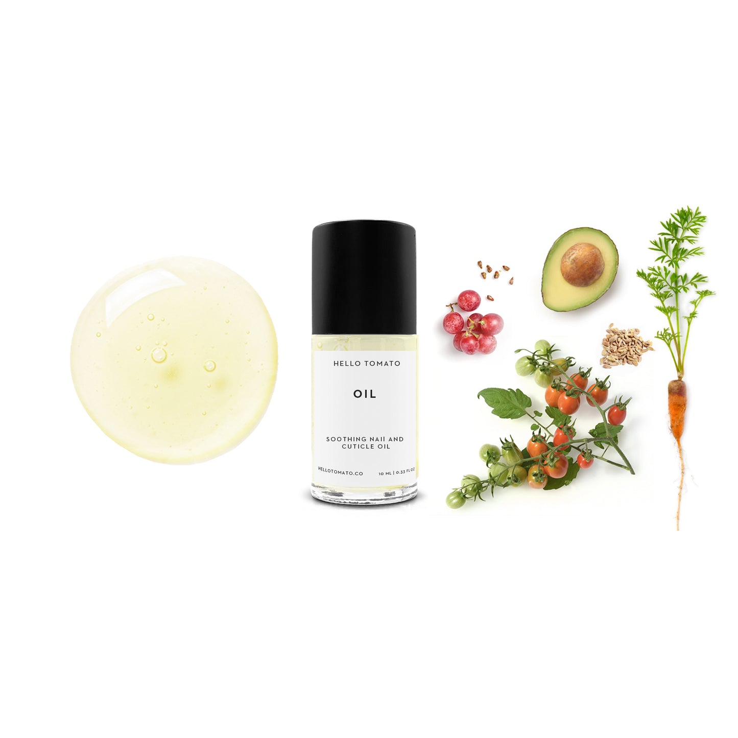 Bottle of HELLO TOMATO Oil nail and cuticle oil with a subtle tomato vine scent, lightweight and non-greasy.