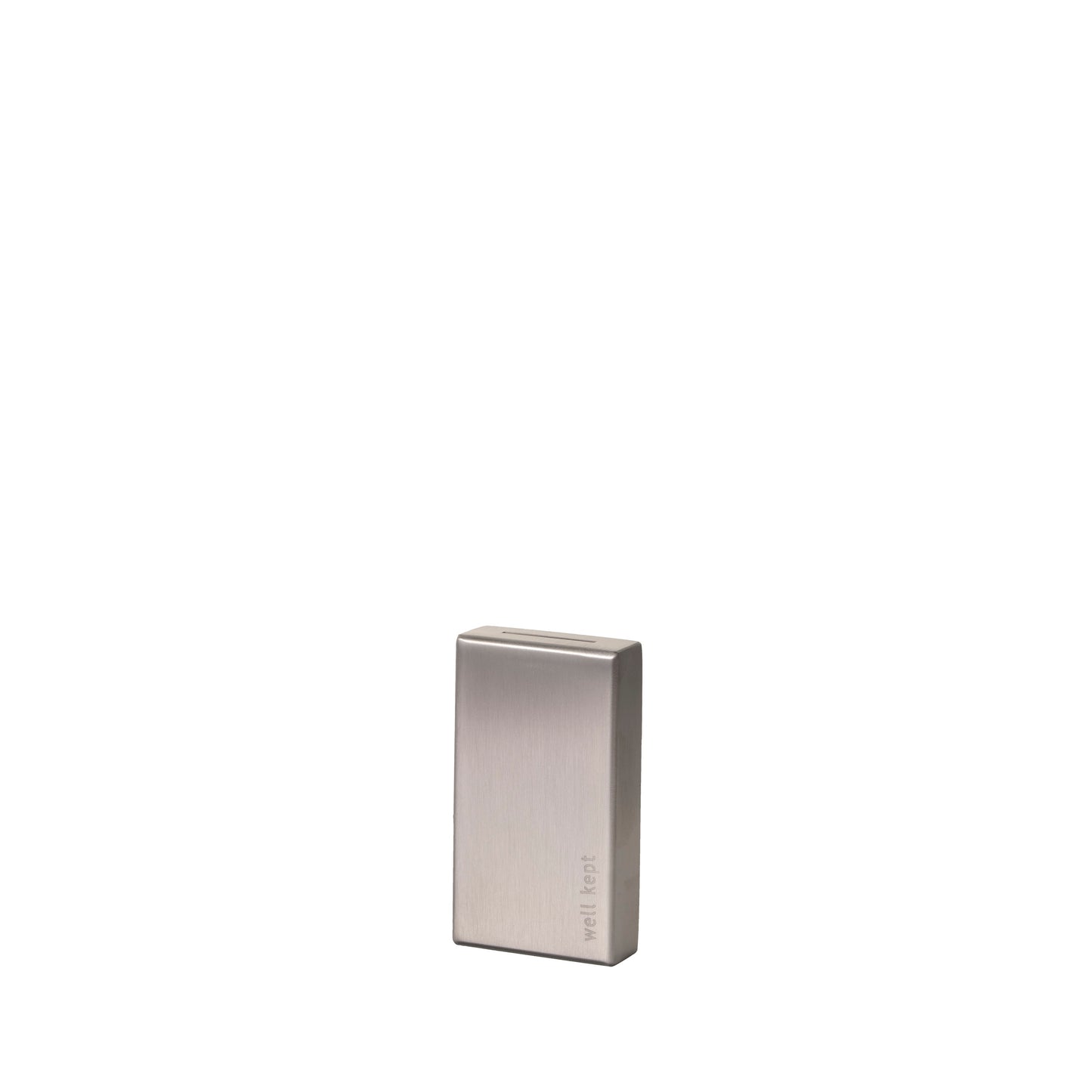 Well Kept Blade Bank, a compact stainless steel container for safe storage and recycling of used razor blades.