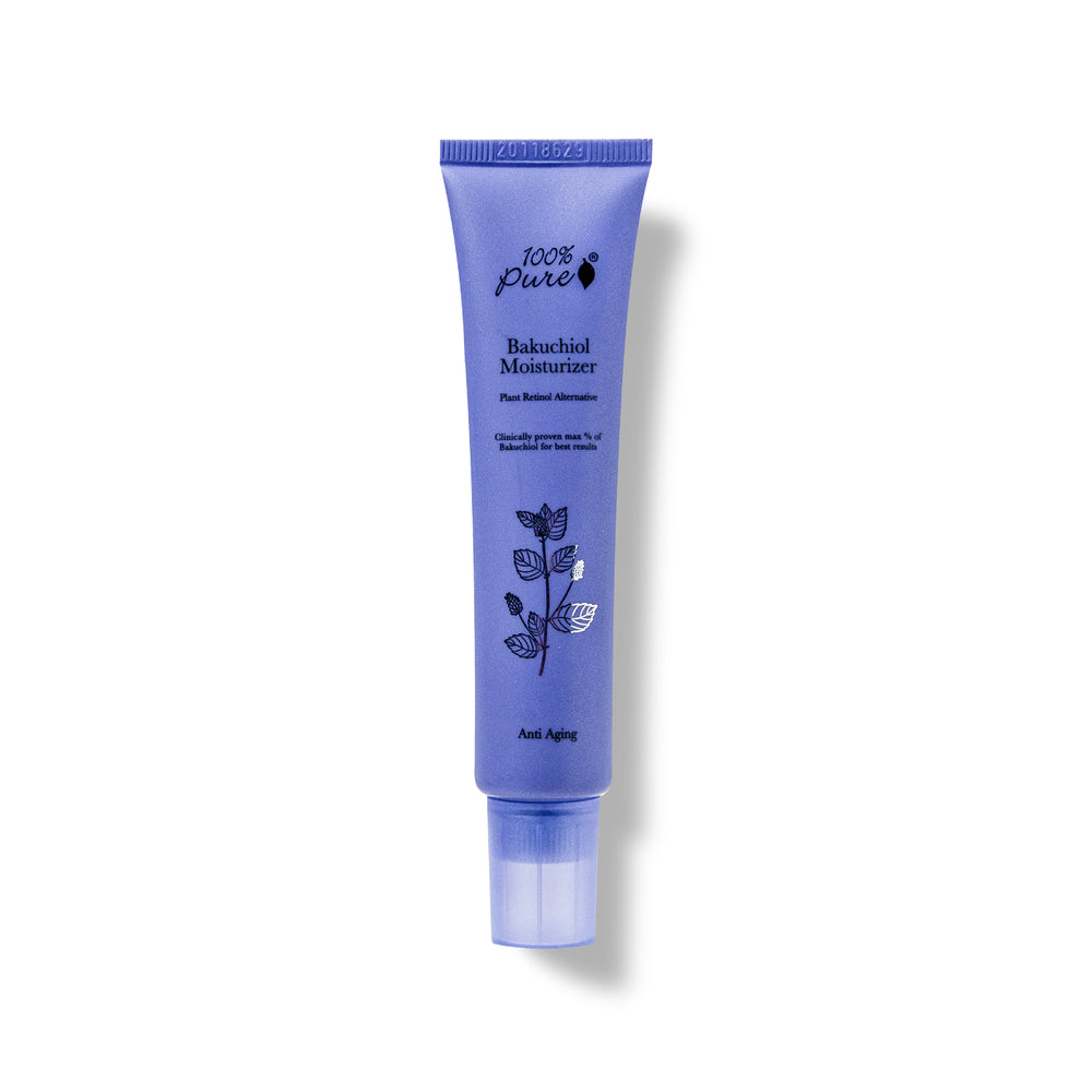 A lavender-blue squeeze tube of 100% Pure Bakuchiol Moisturizer with a clear cap, shown on a white background with a soft shadow.