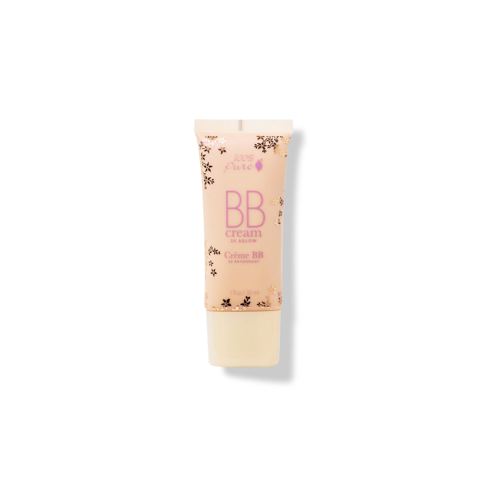 Tube of 100% PURE BB Cream Shade 20 Aglow, a hydrating primer, concealer, and foundation in one with medium coverage and a luminous glow.