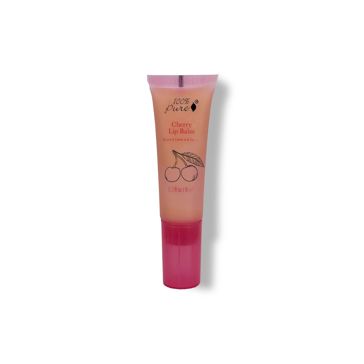 100% PURE Cherry Lip Balm in a sleek tube, enriched with organic sunflower oil, coconut oil, vitamin E, and calendula for soft, hydrated lips.