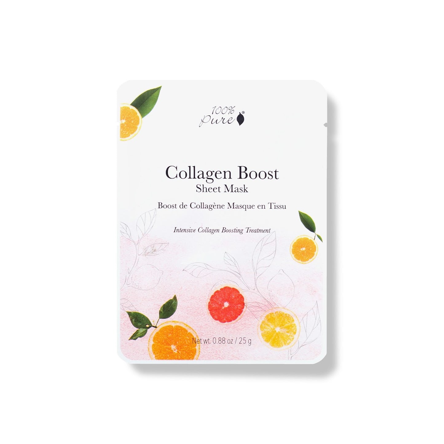 100% PURE Collagen Boost Sheet Mask. Revitalizing sheet mask enriched with ginseng, retinol, and vitamin C for a firmer, glowing complexion. Hydrating formula with aloe juice and hyaluronic acid, made from sustainable bamboo cloth.