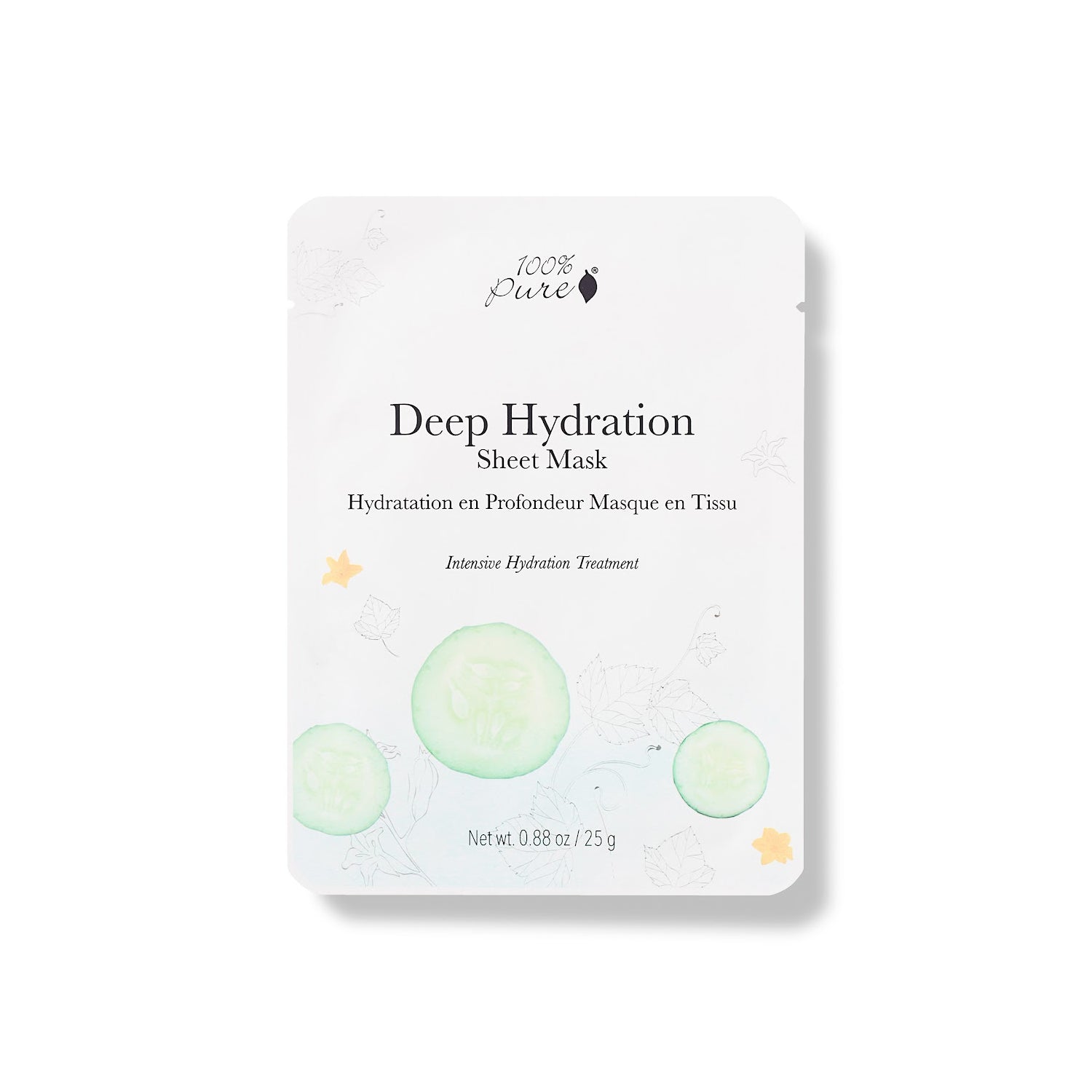 100% PURE Deep Hydration Sheet Mask. Hydrating mask infused with aloe, cucumber, hyaluronic acid, and plant ceramides to nourish and refresh dry skin. Made from eco-friendly bamboo cloth.