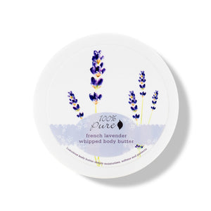 100% PURE French Lavender Whipped Body Butter, 3.4 oz jar, thick creamy body butter with cocoa, shea, and avocado butters, infused with aloe, rose hydrosol, superfruit extracts, and soothing lavender scent.