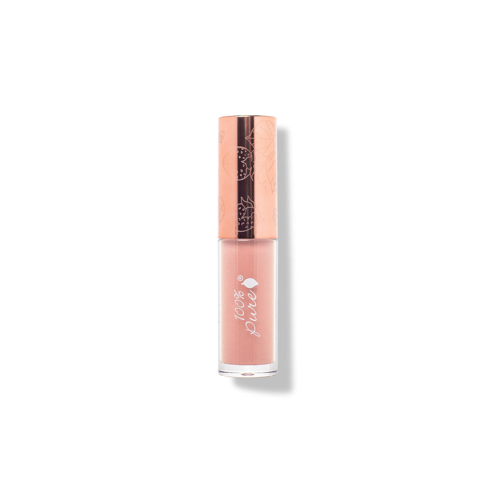 Lip gloss with rose gold cap on a white background