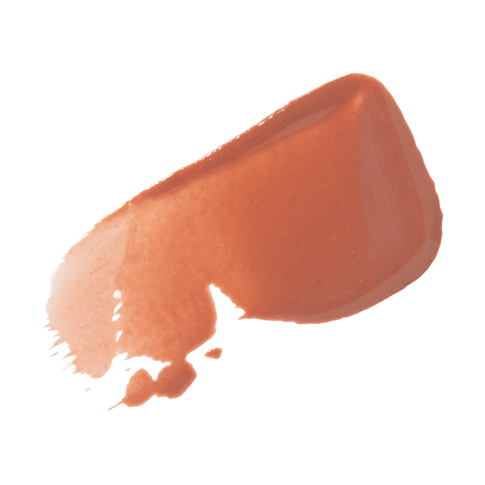 Lip gloss with applicator and swatch on a white background