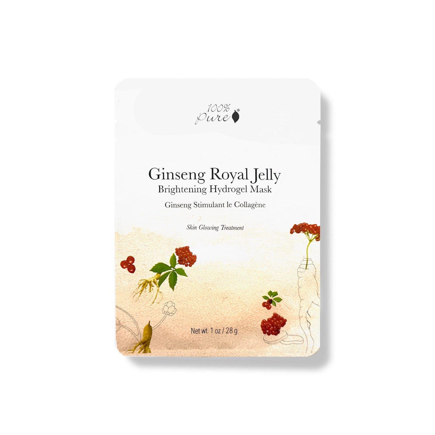 100% PURE Ginseng Royal Jelly Mask with ginseng and aloe hydrogel for a firmer, more supple-looking complexion.