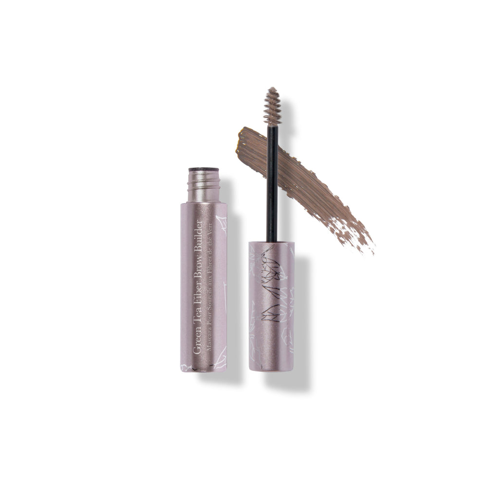 100% PURE Green Tea Fiber Brow Builder in Soft Brown – natural brow gel with green tea fibers for fuller, defined brows, 4.5 g tube with precision applicator.