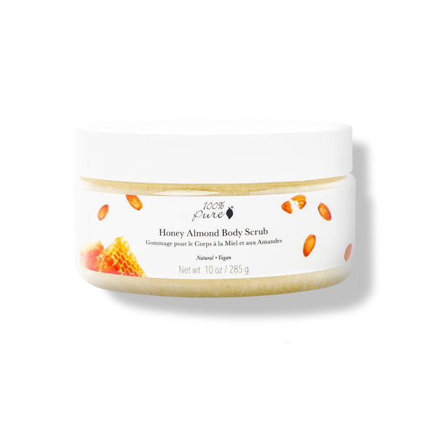 100% PURE Honey Almond Body Scrub, 10 oz jar, exfoliating sea salt scrub with sunflower oil, apricot oil, vitamin E, and natural almond scent.