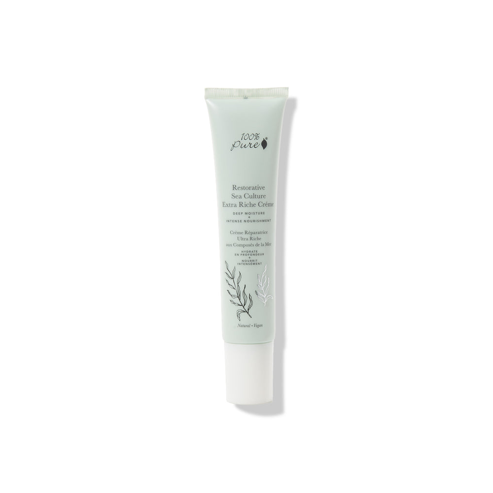 100% PURE Restorative Sea Culture Extra Riche Créme in a 1.4 fl oz jar, rich moisturizing cream with sea minerals, vitamins, and seaweed polysaccharides for deeply hydrated, nourished skin.