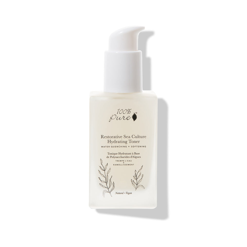100% PURE Restorative Sea Culture Hydrating Toner with seaweed extract, chia water, and hyaluronic acid for soft, plump, and hydrated skin.