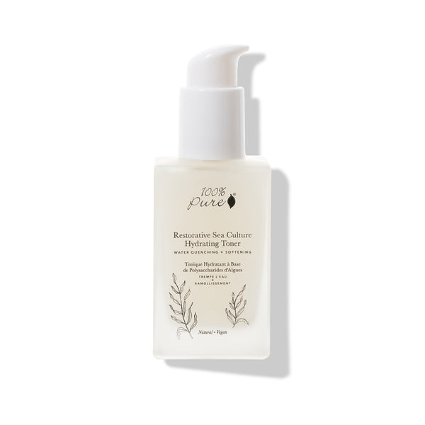 100% PURE Restorative Sea Culture Hydrating Toner with seaweed extract, chia water, and hyaluronic acid for soft, plump, and hydrated skin.