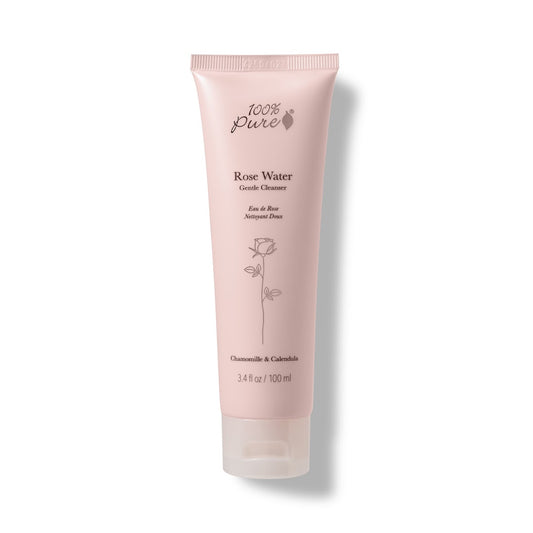 100% PURE Rose Water Gel Cleanser in a bottle, featuring hydrating ingredients like rose hydrosol and white tea, designed for gentle cleansing of dry skin.