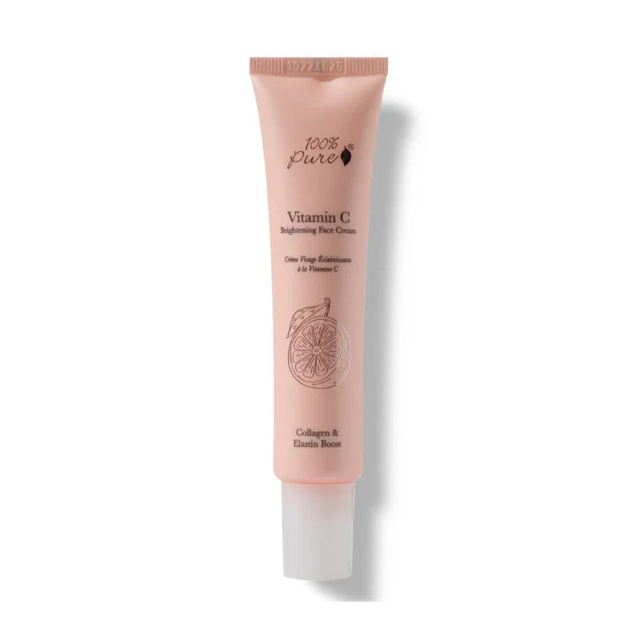 Pink tube of 100% Pure Vitamin C Brightening Face Cream on a white background