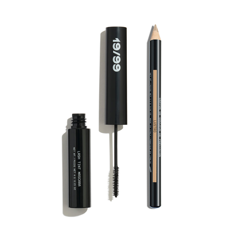  19/99 BEAUTY Bright Eyed Duo – mascara and champagne highlight pencil for defined lashes and a radiant eye-opening effect.