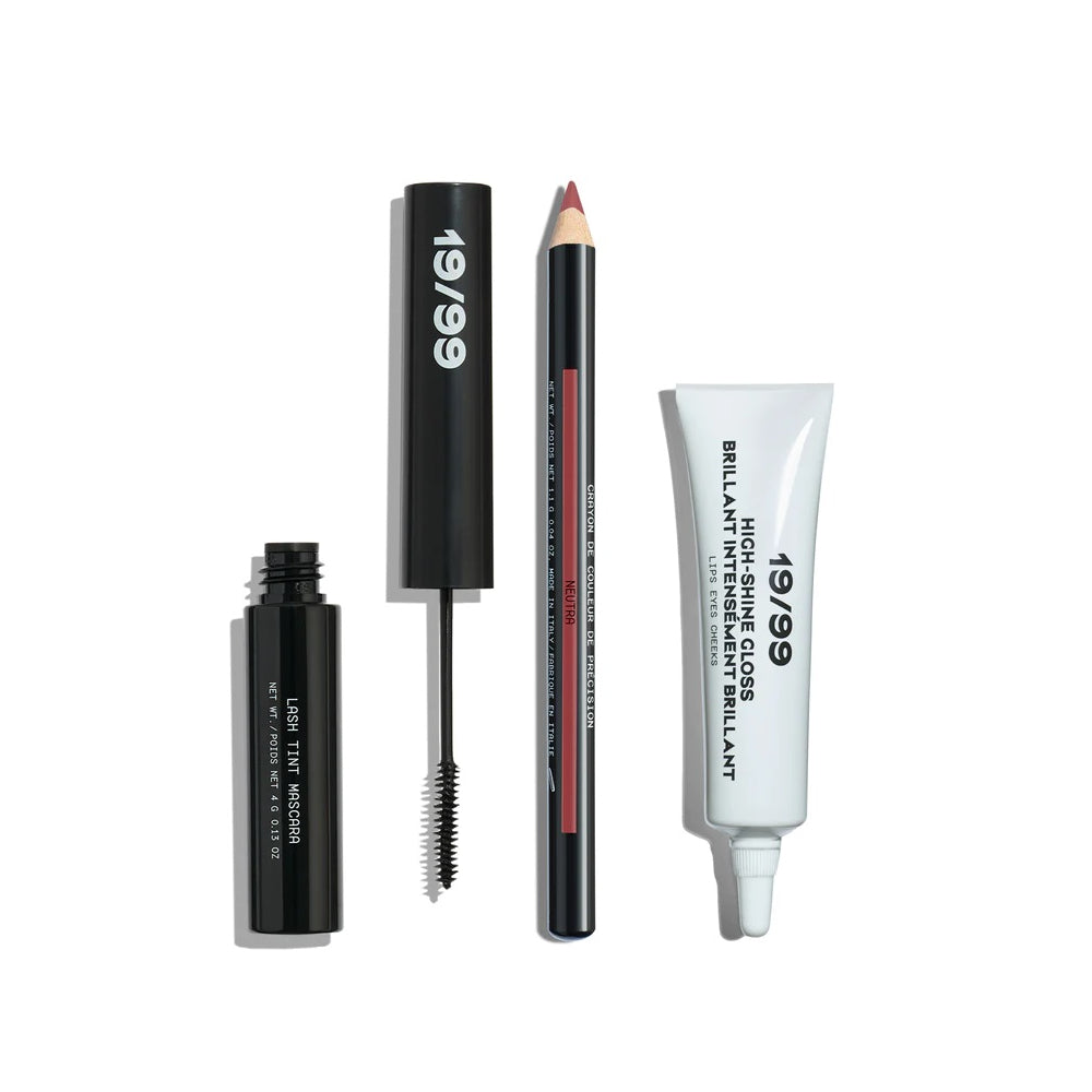  19/99 BEAUTY The Daily Trio – a gloss, neutral pencil, and mascara for effortless everyday beauty.