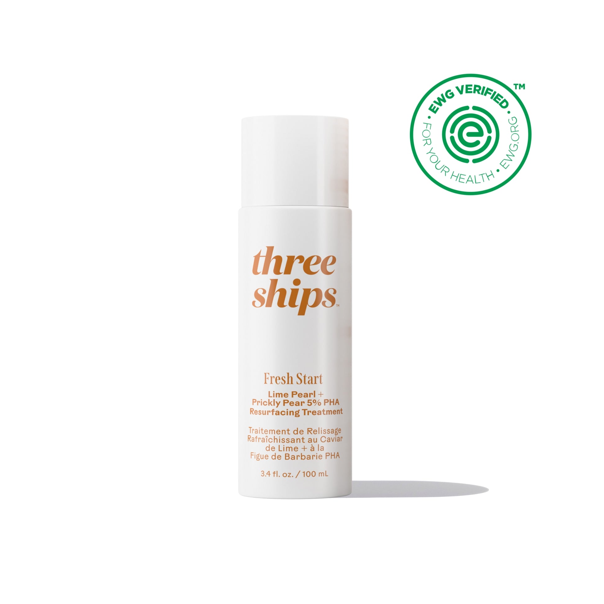 THREE SHIPS Fresh Start Lime Pearl + Prickly Pear 5% PHA Resurfacing Toner bottle with a fresh, plant-based formula for improved skin texture and hydration.