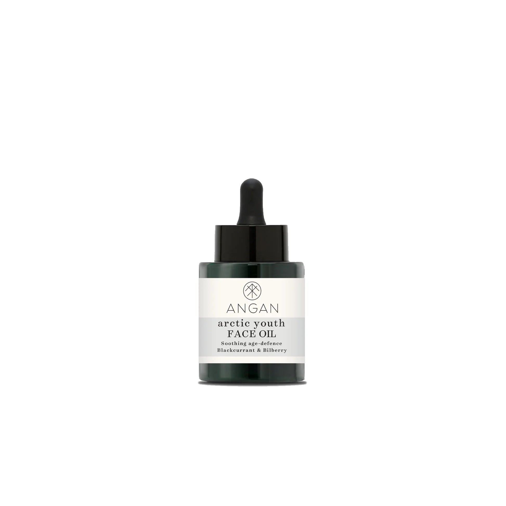 ANGAN Arctic Youth Face Oil in a glass bottle with sustainable packaging, featuring ingredients like blackcurrant, blue tansy, and sea buckthorn for nourishing and rejuvenating skin benefits.