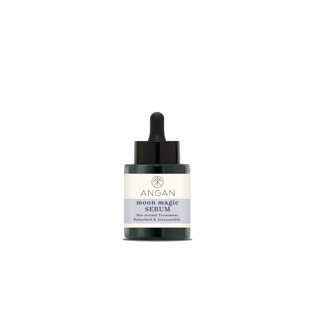 ANGAN Moon Magic Bio-Retinol Serum in a glass bottle, featuring Bakuchiol, Astaxanthin, and Icelandic botanicals to firm, hydrate, and improve skin texture overnight.