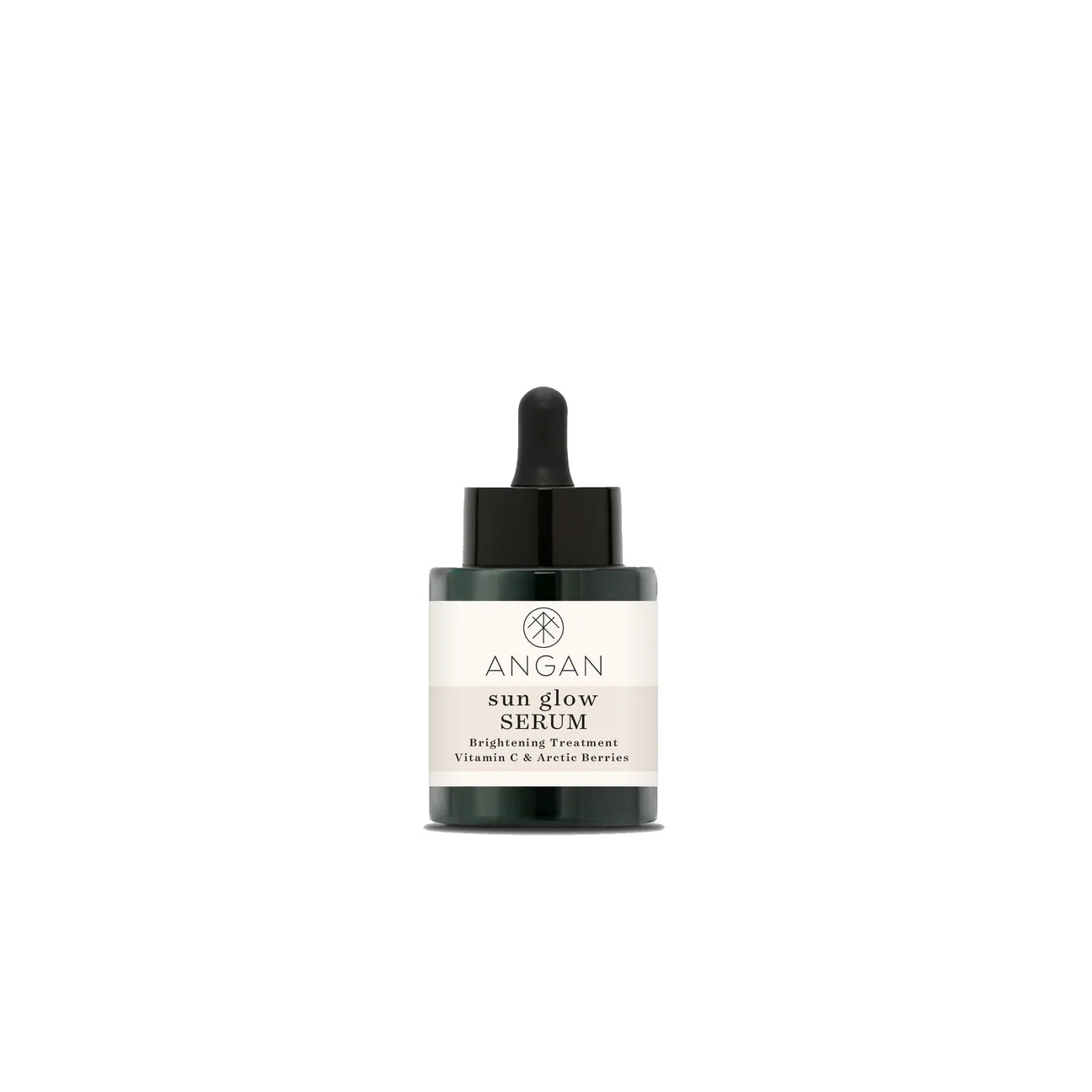 ANGAN Sun Glow Vitamin-C Serum in a glass bottle with a pump, featuring 15% vitamin C, Arctic berries, and Icelandic botanicals to brighten and even out skin tone.