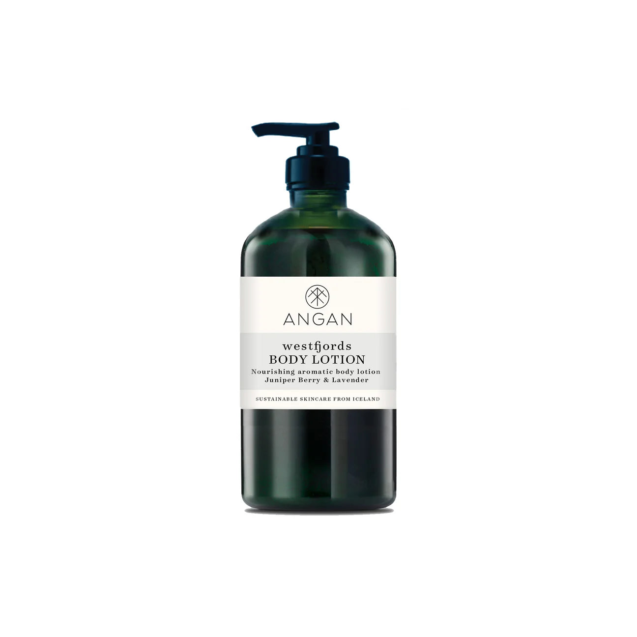 Angan Westfjords Body Lotion - Nourishing formula with shea butter, rosehip oil, and juniper scent for soft, hydrated skin.