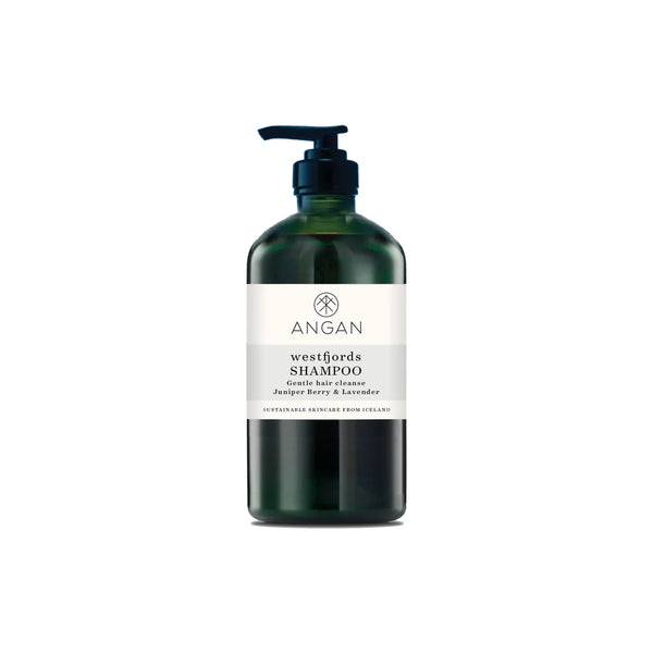 Angan Westfjords Shampoo in a 250ml glass bottle, featuring natural ingredients like aloe vera, hibiscus extract, and plum extract for hydration and volume.