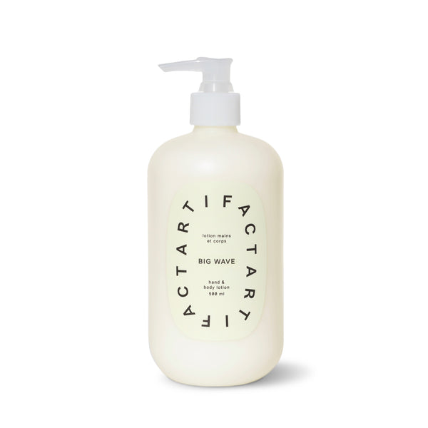 Artifact Big Wave Hand & Body Lotion with Sea Kelp, Green Tea, Carrot Tissue Oil, and a fresh Rosemary, Lime, and Rosewood scent for nourishing, firm skin.