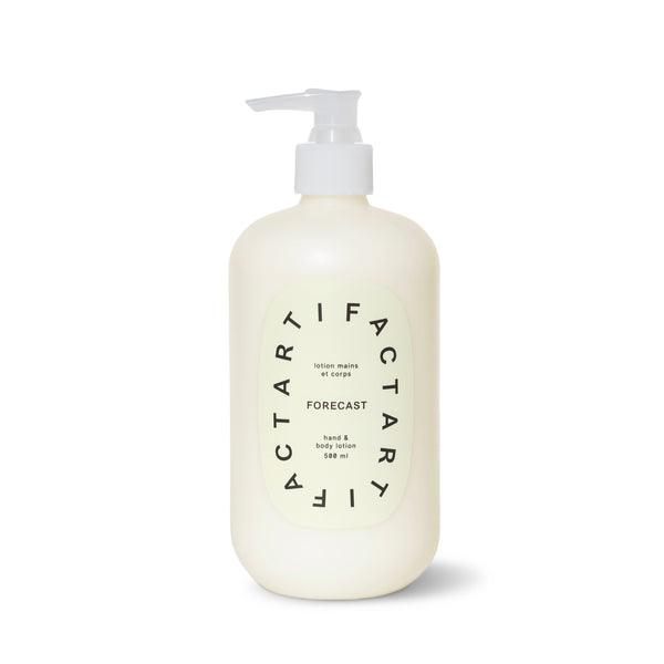 Artifact Forecast Hand & Body Lotion with Sea Kelp, Green Tea, Carrot Tissue Oil, and a calming scent of Vetiver, Petitgrain, and Lavender for firm, nourished skin.