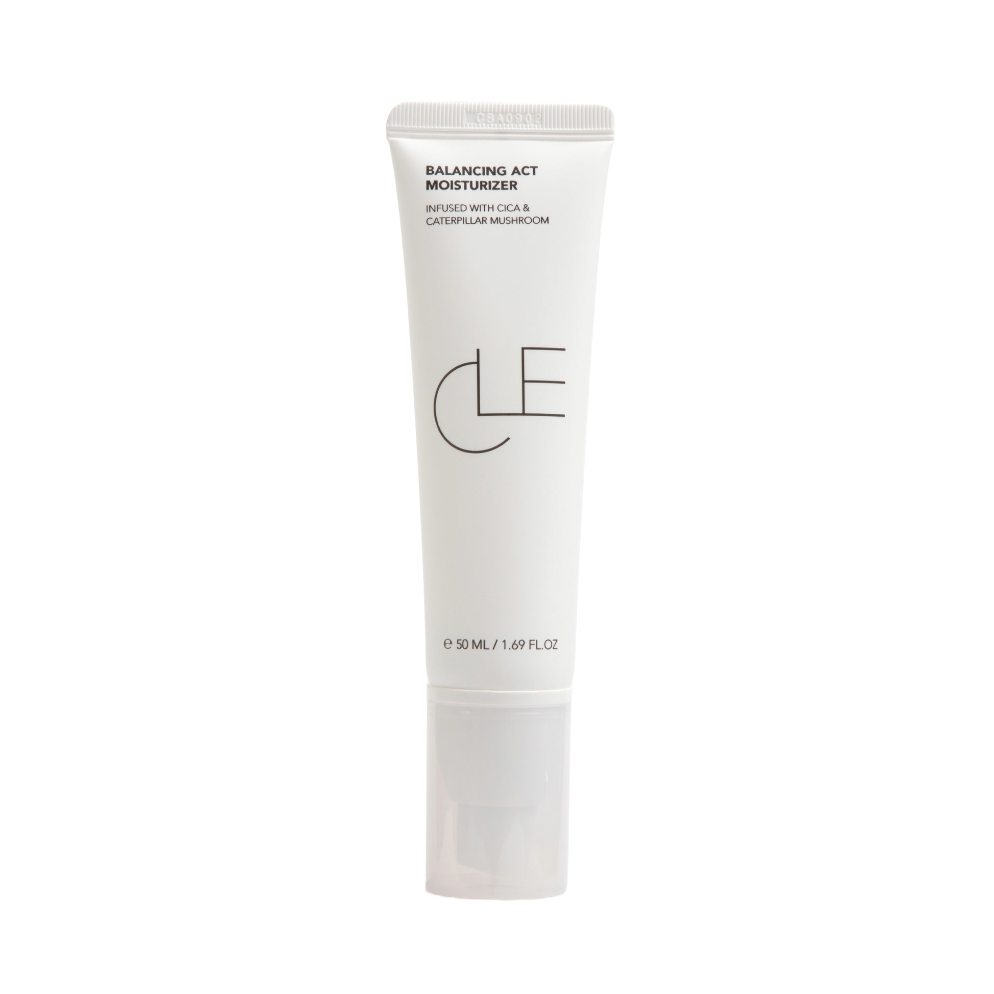 CLE Cosmetics Balancing Act Moisturizer, a lightweight gel-cream designed to hydrate, soothe, and brighten with key ingredients like Cica, Caterpillar Mushroom, and Niacinamide; suitable for all skin types.