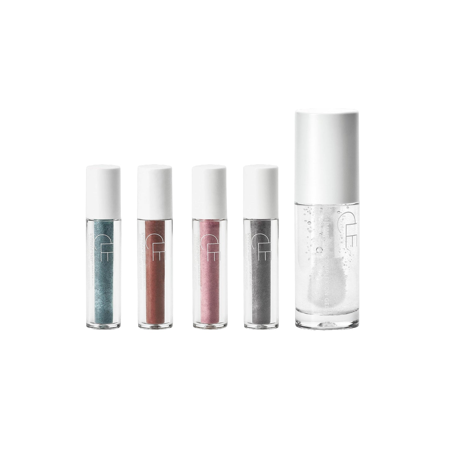 CLE Cosmetics Color & Shine Set featuring the Glimmering Complexion Gel and four mini Melting Powders in vibrant, modern shades. A deluxe makeup set for a dewy, polished look.