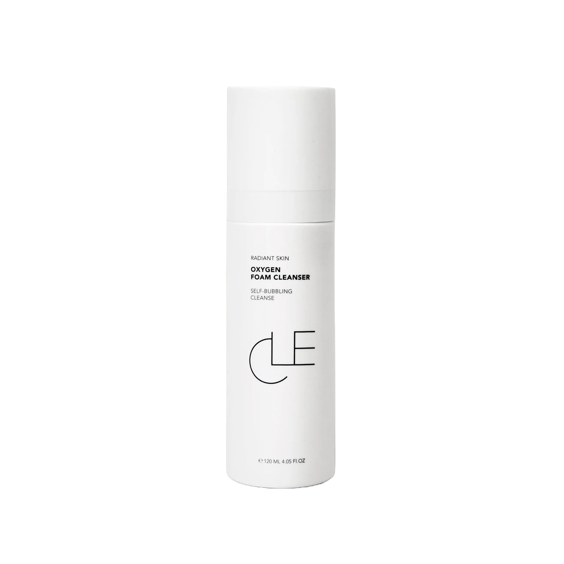 CLE Cosmetics Oxygen Foam Cleanser, a 2-in-1 self-foaming cleanser and oxygenating mask with a refreshing formula featuring bergamot, orange, and ylang-ylang oils, suitable for all skin types.