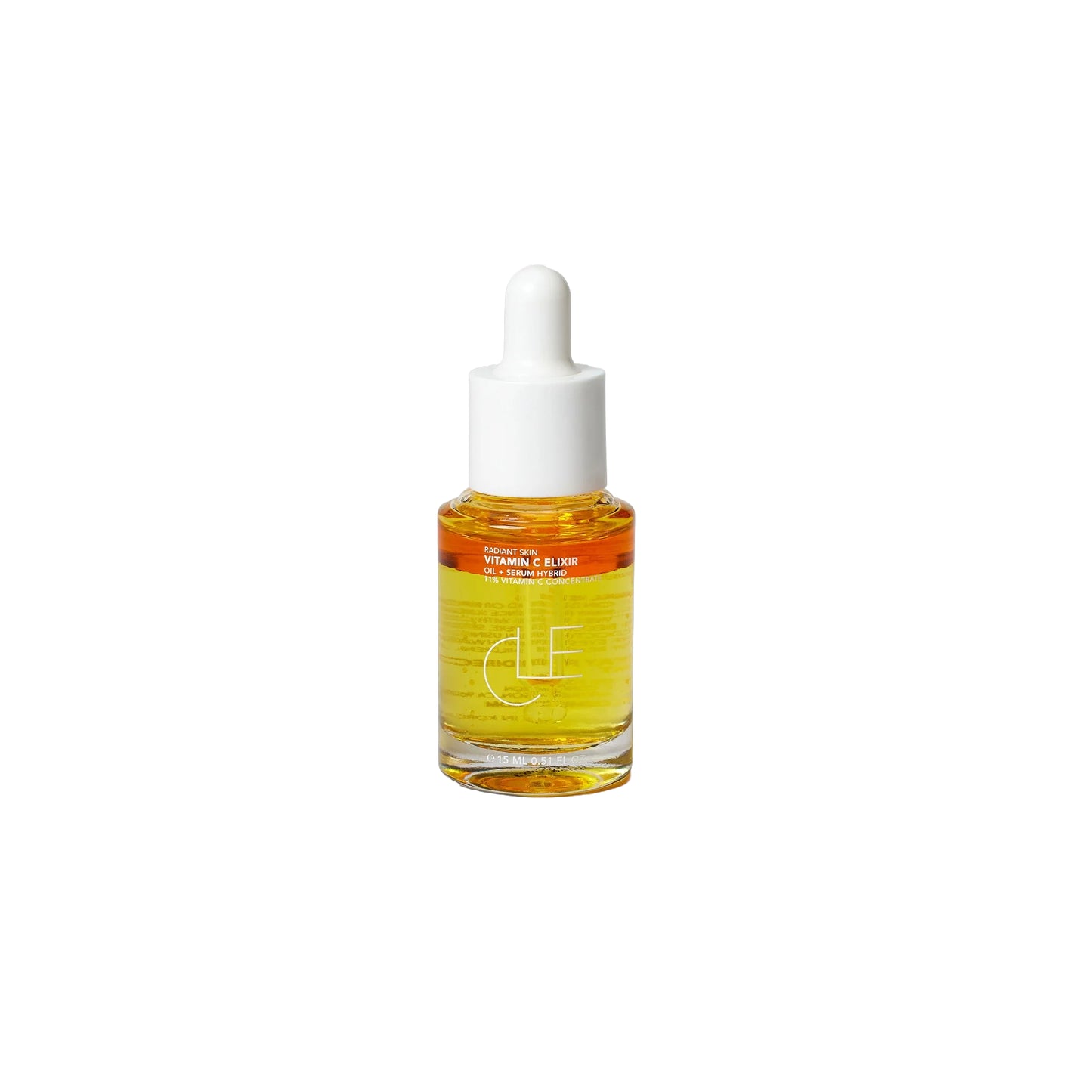 CLE Cosmetics Vitamin C Elixir in a recyclable glass bottle, a 2-in-1 oil and serum hybrid with pure Vitamin C, antioxidants, and nourishing oils, designed to brighten, hydrate, and revitalize the look of skin.