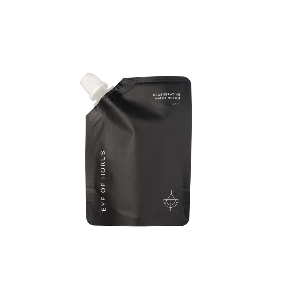Eye of Horus Regenerative Night Serum Refill bottle with natural, vegan ingredients like Bakuchiol, Jojoba, and Pomegranate oils for smoother, hydrated skin. Eco-friendly packaging.