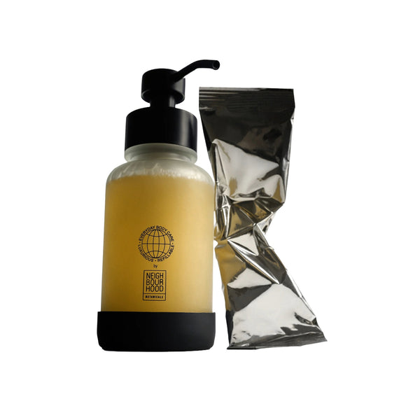 Neighbourhood Botanicals Soft Wash Powder to Gel Starter Pack with Forever Bottle and three scented sachets. Palm oil-free, vegan, eco-friendly refillable wash for hands, body, face, and pets.