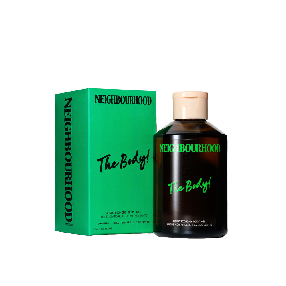 Neighbourhood Botanicals 'The Body!' Conditioning Body Oil in amber glass bottle, 200ml, with flip cap.
