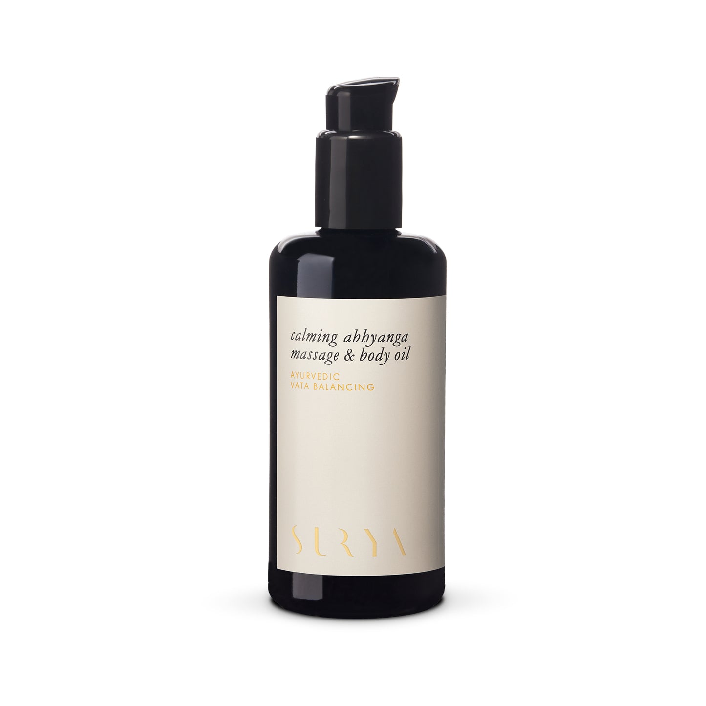 SURYA Calming Massage & Body Oil - a herbaceous blend for nourishing dry skin and promoting balance. Features Ashwagandha, Brahmi, and Lavender for immediate calming effects. 