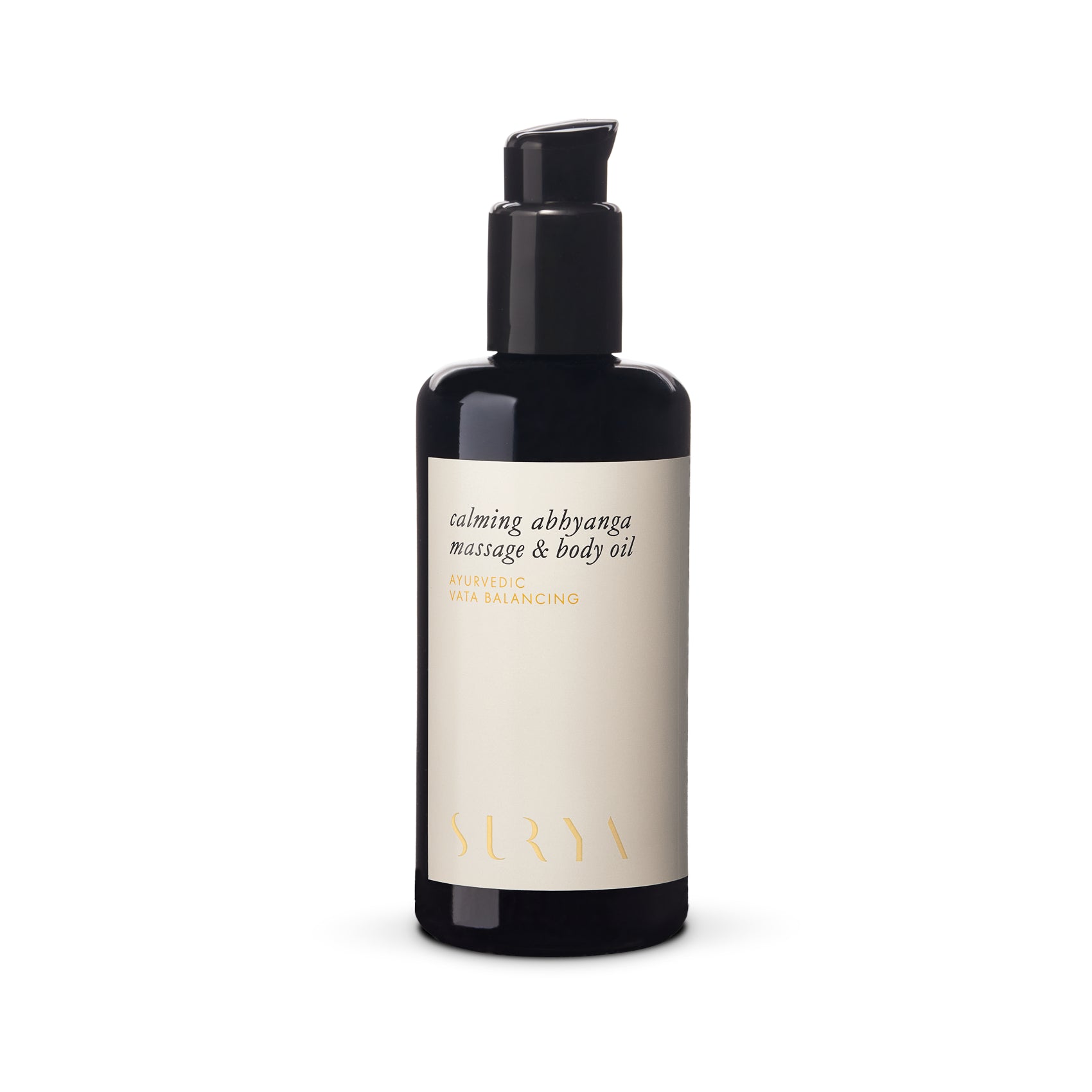 SURYA Calming Massage & Body Oil - a herbaceous blend for nourishing dry skin and promoting balance. Features Ashwagandha, Brahmi, and Lavender for immediate calming effects. 