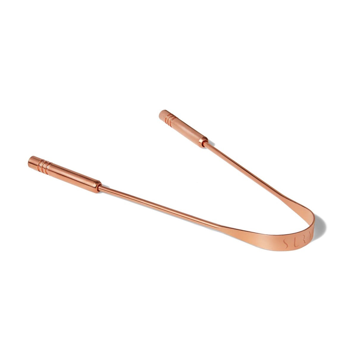 Copper tongue scraper with curved handles, designed for daily use in oral hygiene routines.