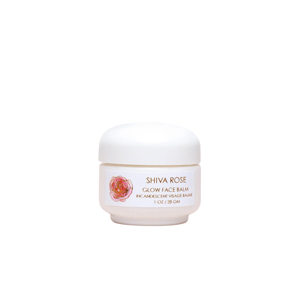 Shiva Rose Glow Face Balm, a hydrating balm featuring nourishing shea butter, coconut oil, and essential oils, in a 28 g jar.