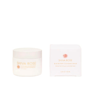 Jar of Shiva Rose Blue Butter Cleansing Balm with a rich, blue balm texture, formulated with sandalwood nut, argan, and jojoba oils.