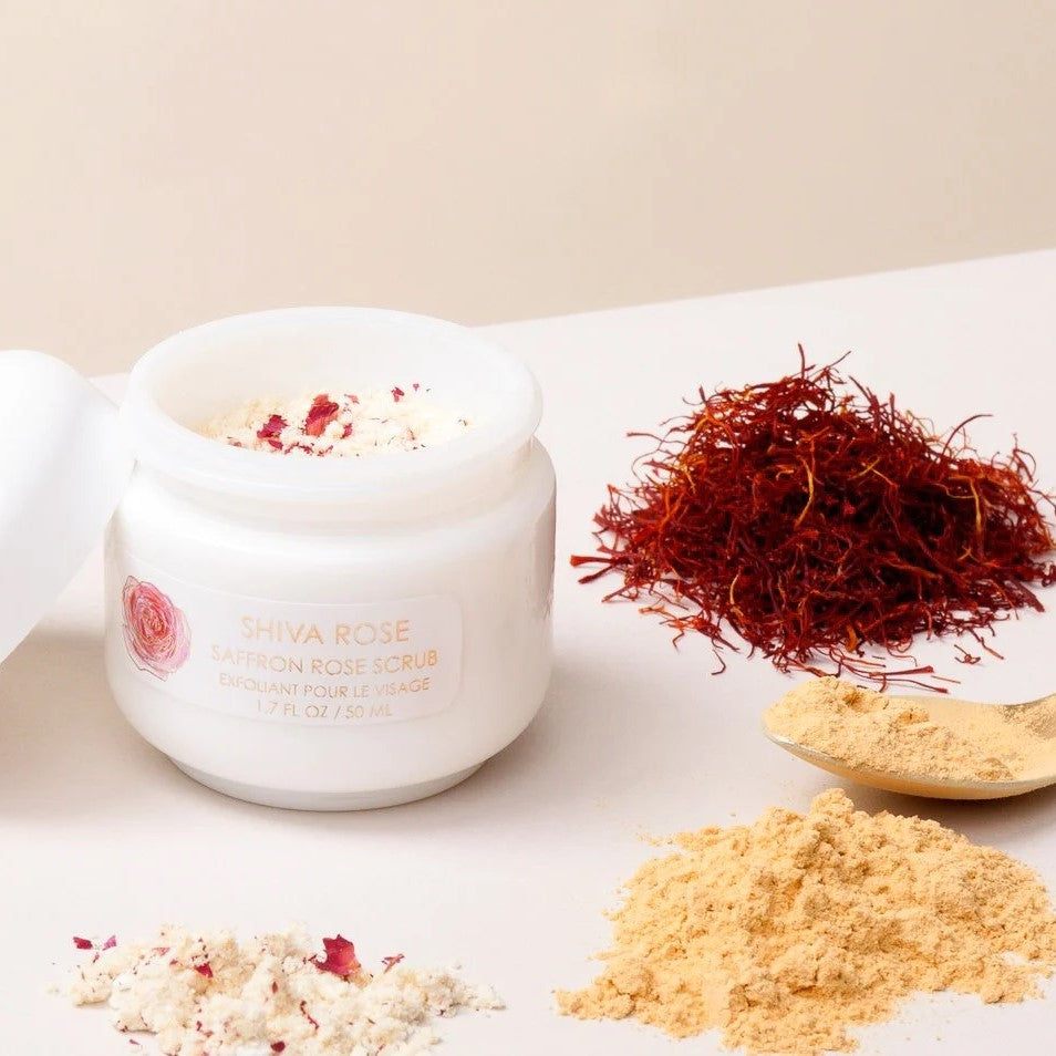 SHIVA ROSE Saffron Rose Facial Scrub with chickpea flour, sandalwood powder, rose, saffron threads, and coconut milk for gentle exfoliation and nourishment.