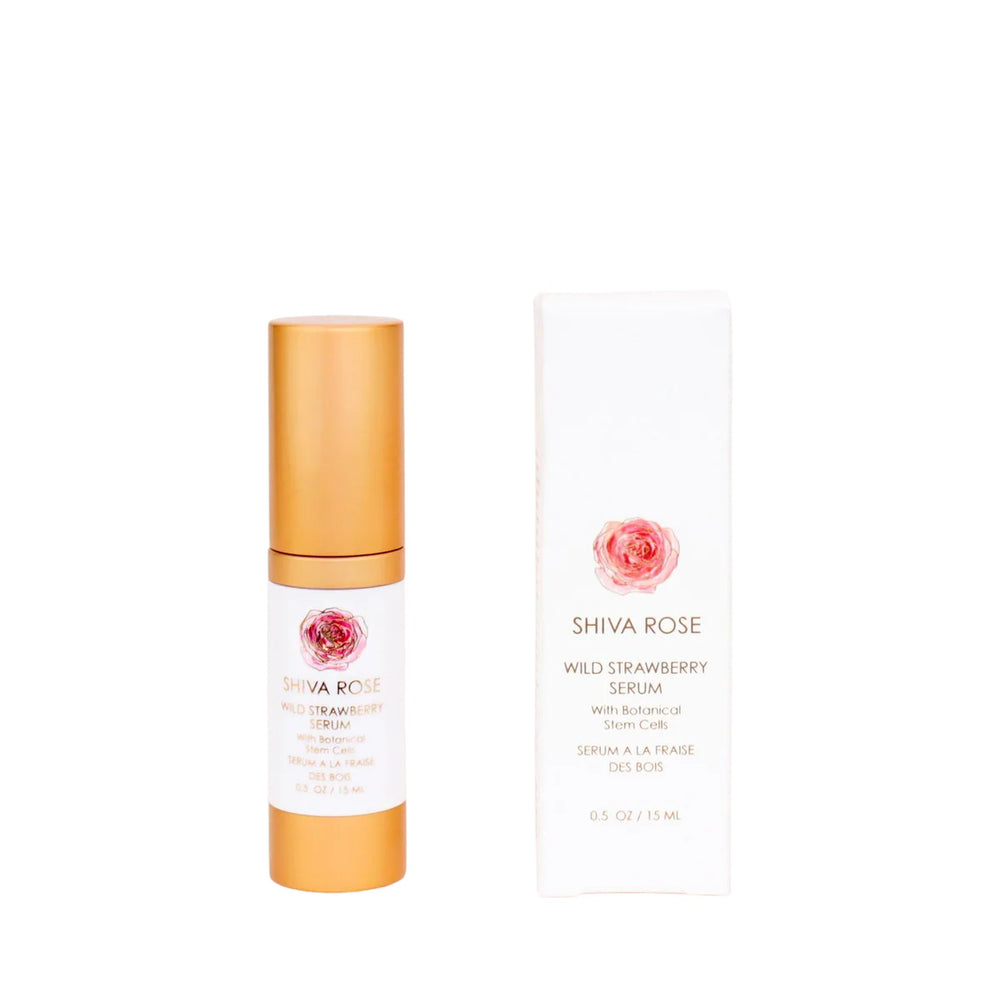 Wild Strawberry Serum by SHIVA ROSE in a sleek bottle, featuring a rich blend of sea ingredients and fruit stem cells for hydrated, glowing skin.