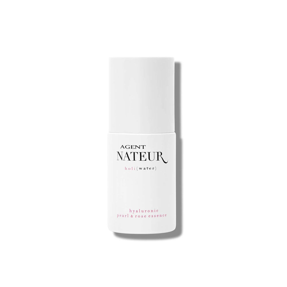 Agent Nateur holi (water) Pearl and Rose Hyaluronic Essence in sleek bottle, a hydrating essence serum with pearl powder, rose water, and hyaluronic acid for plump, radiant skin. full size