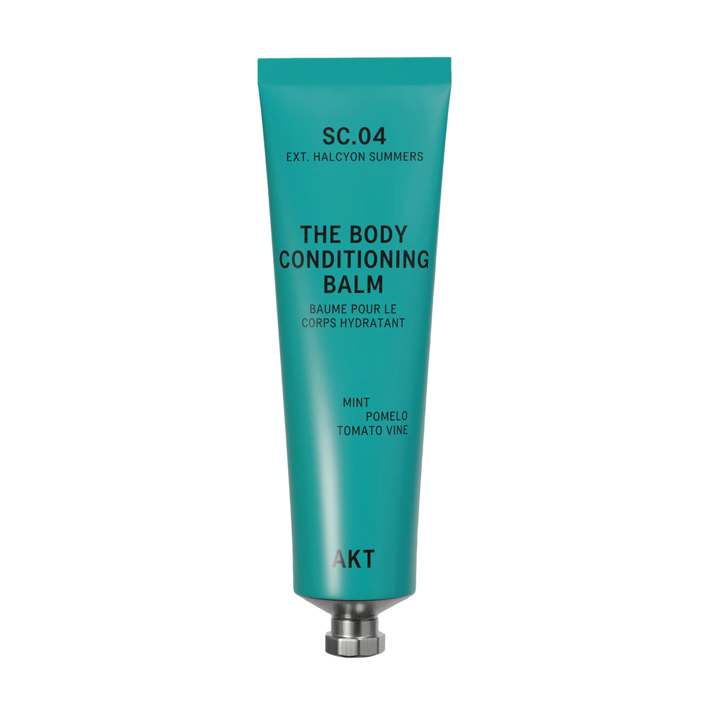 A teal tube of AKT London The Body Conditioning Balm, scent SC.04 Halycon Summers, on white background.