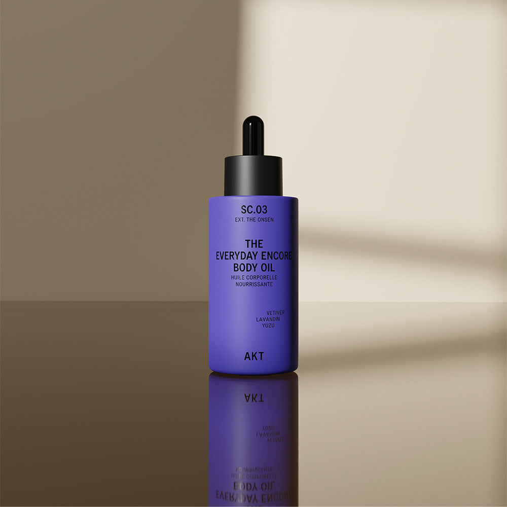 A bottle of AKT SC.03 The Everyday Encore Body Oil in a lavender purple color with a black dropper cap, shown on a plain white background.