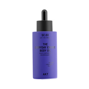 A bottle of AKT SC.03 The Everyday Encore Body Oil in a lavender purple color with a black dropper cap, shown on a plain white background.