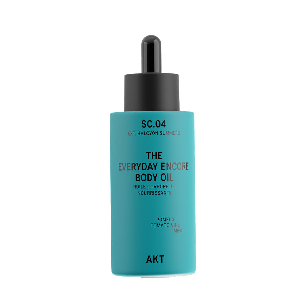 A turquoise bottle of AKT London The Everyday Encore Body Oil with a black dropper cap, set against a plain white background.