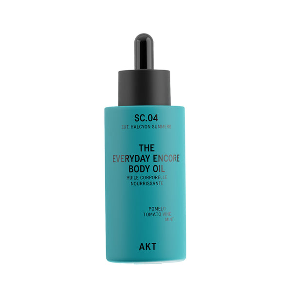 A turquoise bottle of AKT London The Everyday Encore Body Oil with a black dropper cap, set against a plain white background.