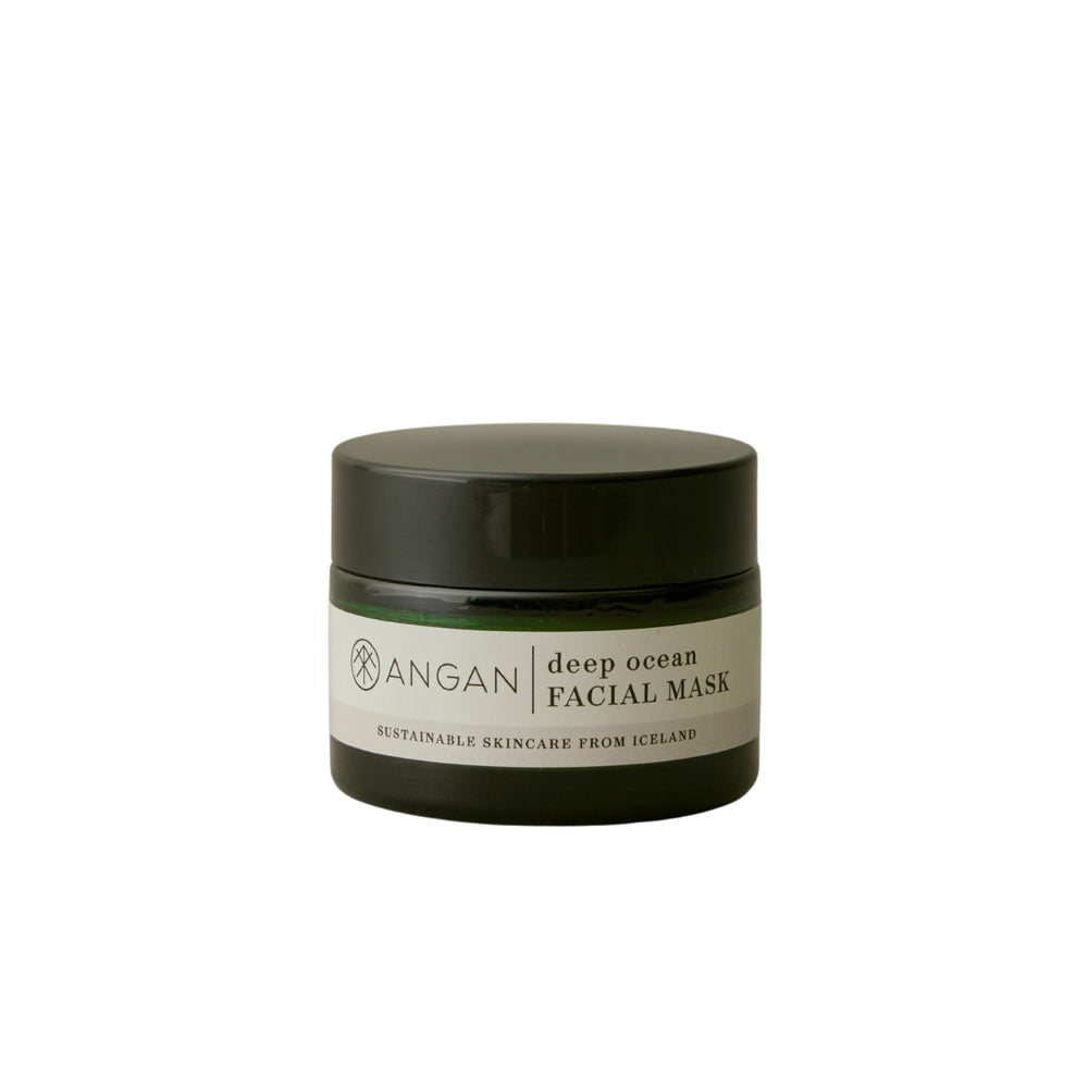 A dark green jar of Angan Deep Ocean Facial Mask on a solid white background.